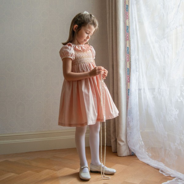 Margaret Special Occasion Dress Seashell Cotton Sateen with Gold & Pearl Hand Smocking Margaret Special Occasion Dress Seashell Cotton Sateen with Gold & Pearl Hand Smocking