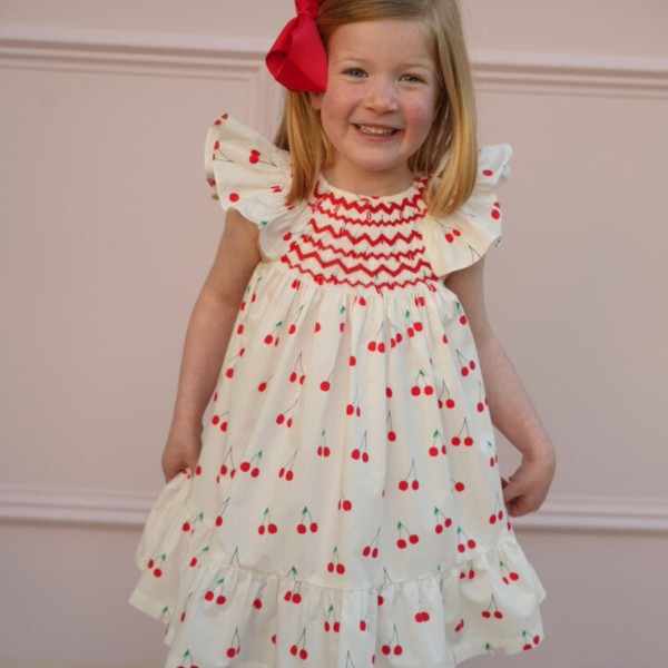 Indira Gandhi Flutter Dress Mon Cherry Cotton with a La Mode Hand Smocking