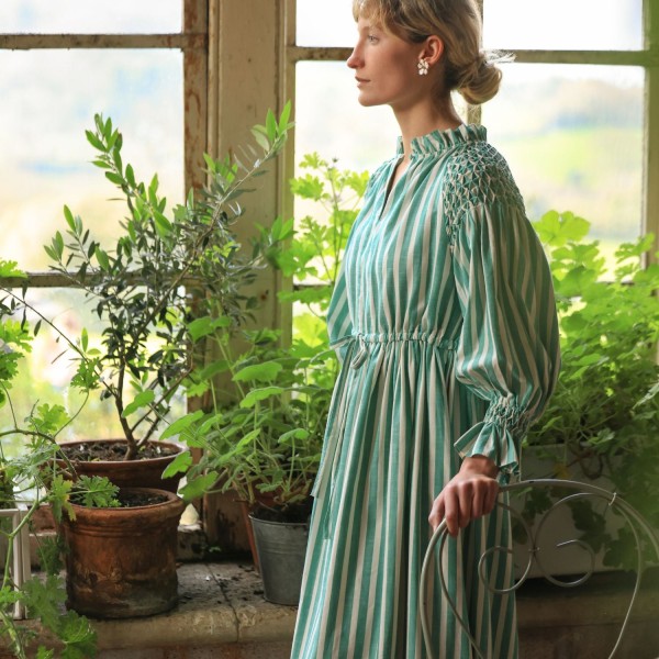 Aloha Wanderwell Dress Wimbledon Stripe with White Honeycomb Hand Smocking