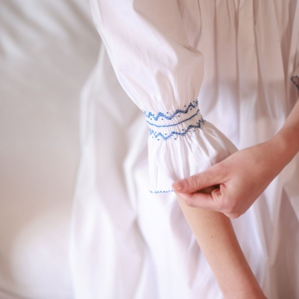 Bessie Coleman Women's Dress Moonstone Cotton with Sapphire Hand Smocking Bessie Coleman Women's Dress Moonstone Cotton with Sapphire Hand Smocking