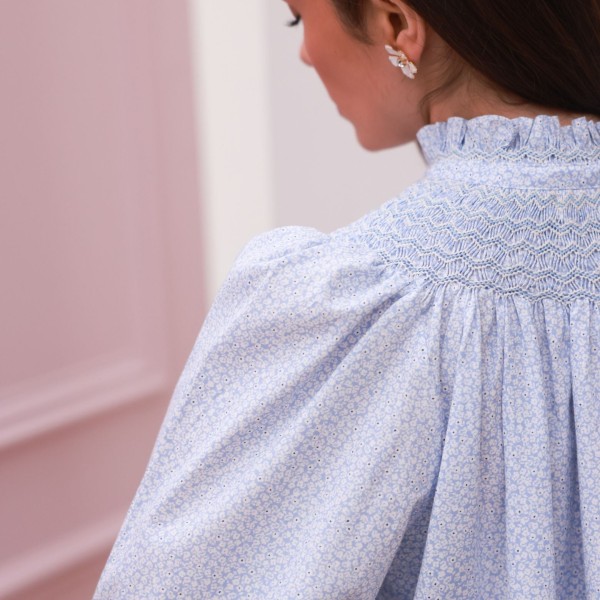 Scholl Blouse Periwinkle Ditsy with Blue Mist Hand Smocking Edition 63